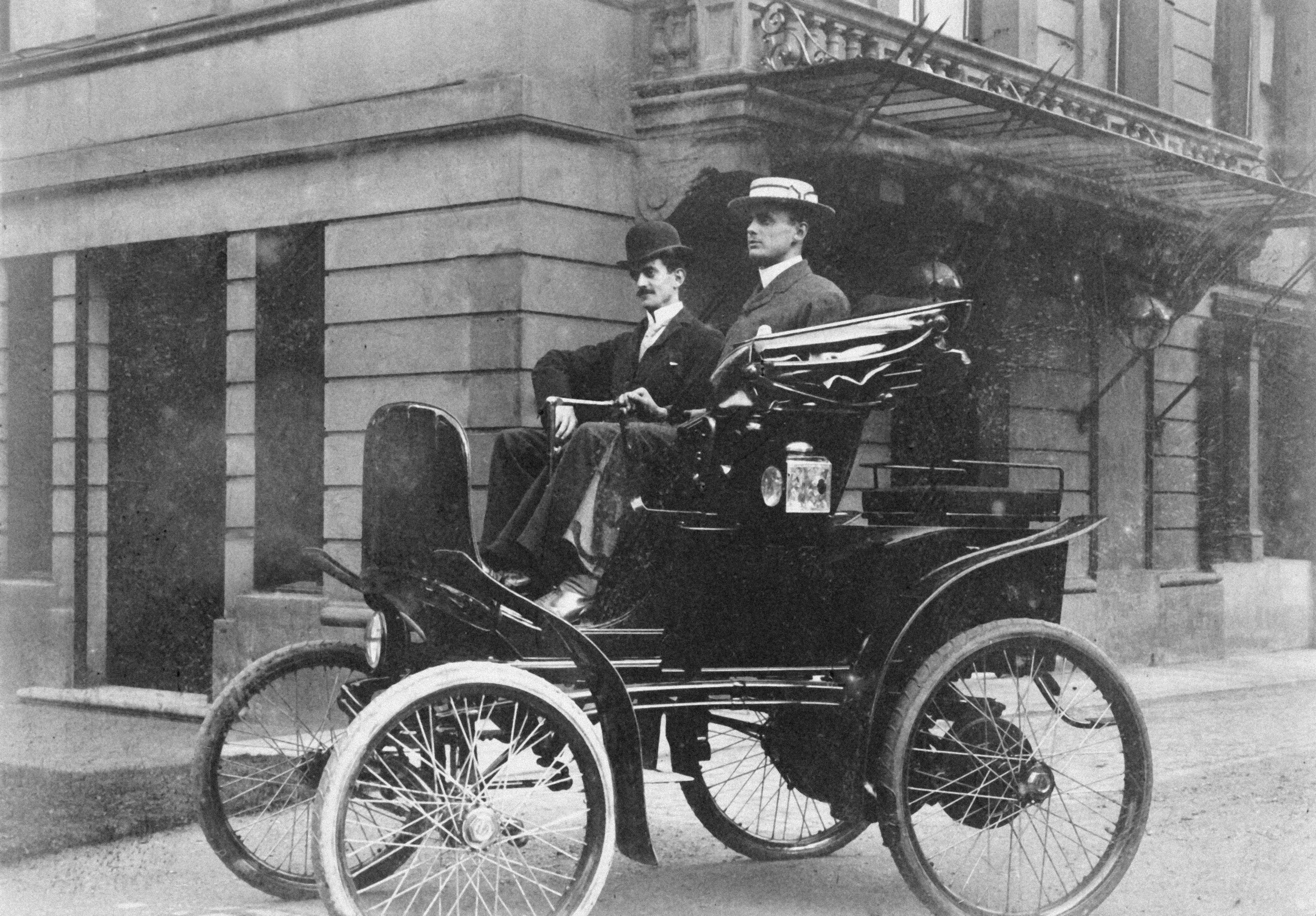 C S Rolls on A Barmsworths Columbia Electric Carriage, c 1898.